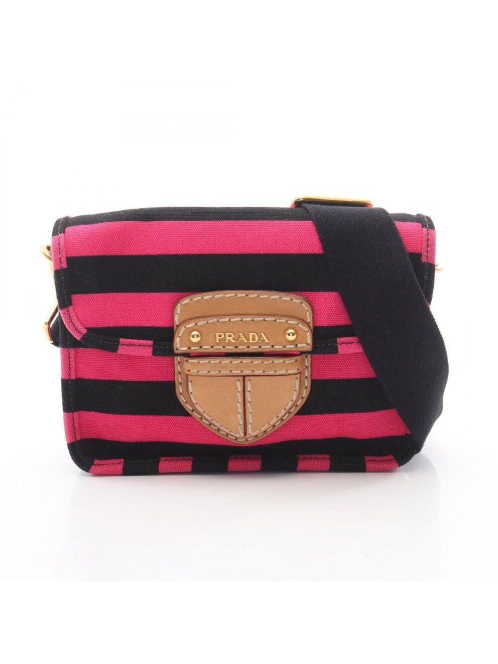 Prada Shoulder Bag Canapa Rige Pink Black Canvas Leather